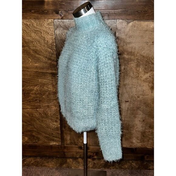 Blue Fuzzy Knit Turtleneck Sweater Cozy Pullover Long Sleeve - Picture 2 of 7